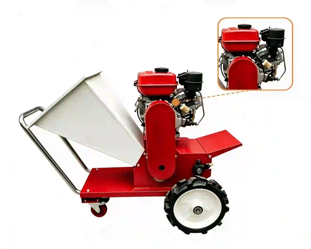 Tree wood crusher processing tree branches, trunks, and green waste into wood chips for recycling and biomass applications