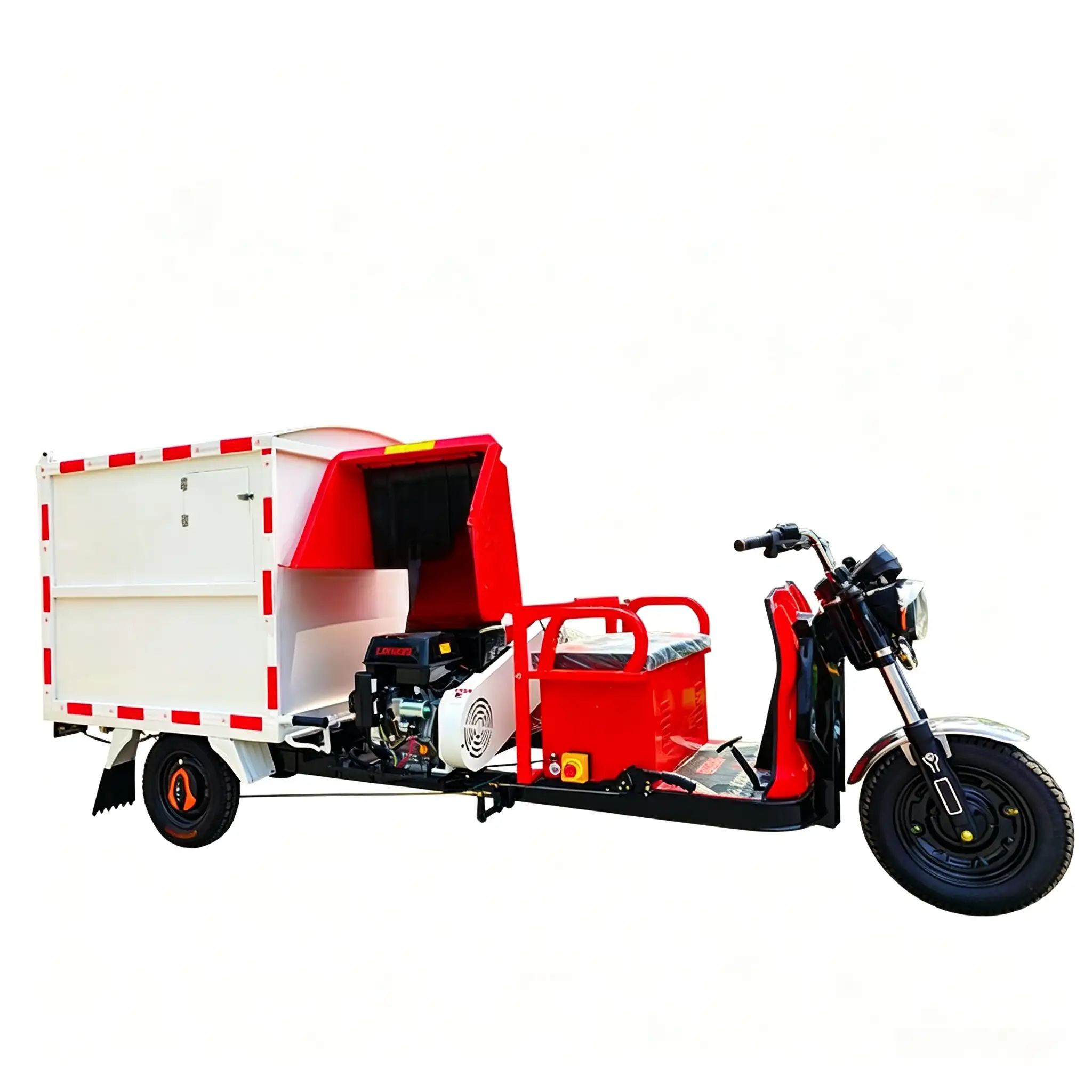 1.8m³ self-dumping electric chipper vehicle collecting and transporting branches, garden waste, and biomass materials