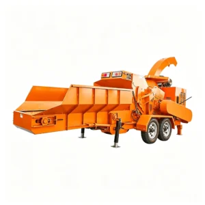 Medium industrial wood shredder processing branches, logs, wood scraps, and biomass waste into reusable materials for recycling