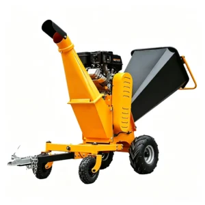 Gasoline branch shredder processing tree branches, logs, and green waste into biomass particles for outdoor recycling applications