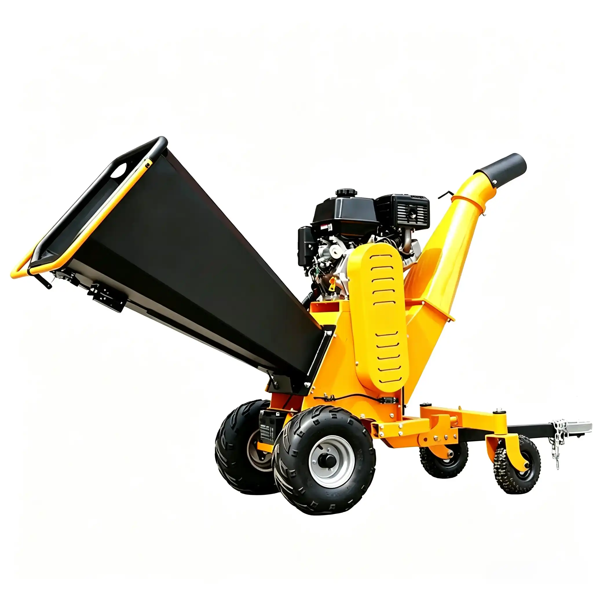 Mobile gasoline garden chipper machine processing branches, pruning waste, and garden wood residues into wood chips for recycling