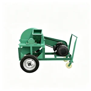 Industrial wood grinding machine processing logs, branches, wood scraps, and biomass waste into fine particles for recycling