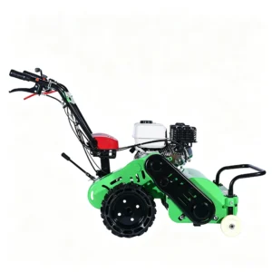 Small agricultural soil cultivator working in farmland and gardens for soil loosening, tilling, and crop planting preparation