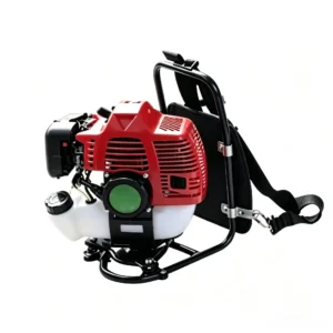 Gas powered grass weeder removing weeds and trimming grass in gardens, farms, and landscaping areas with gasoline engine power