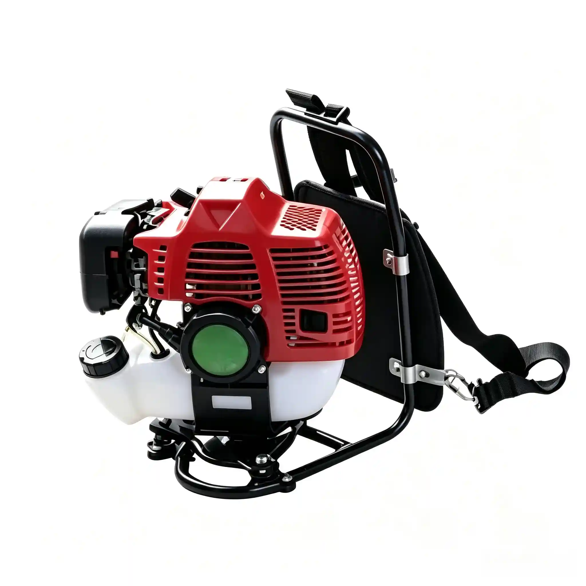 Gas powered grass weeder removing weeds and trimming grass in gardens, farms, and landscaping areas with gasoline engine power