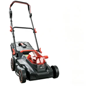 Household cordless lawn mower cutting grass in residential gardens and lawns with battery-powered operation