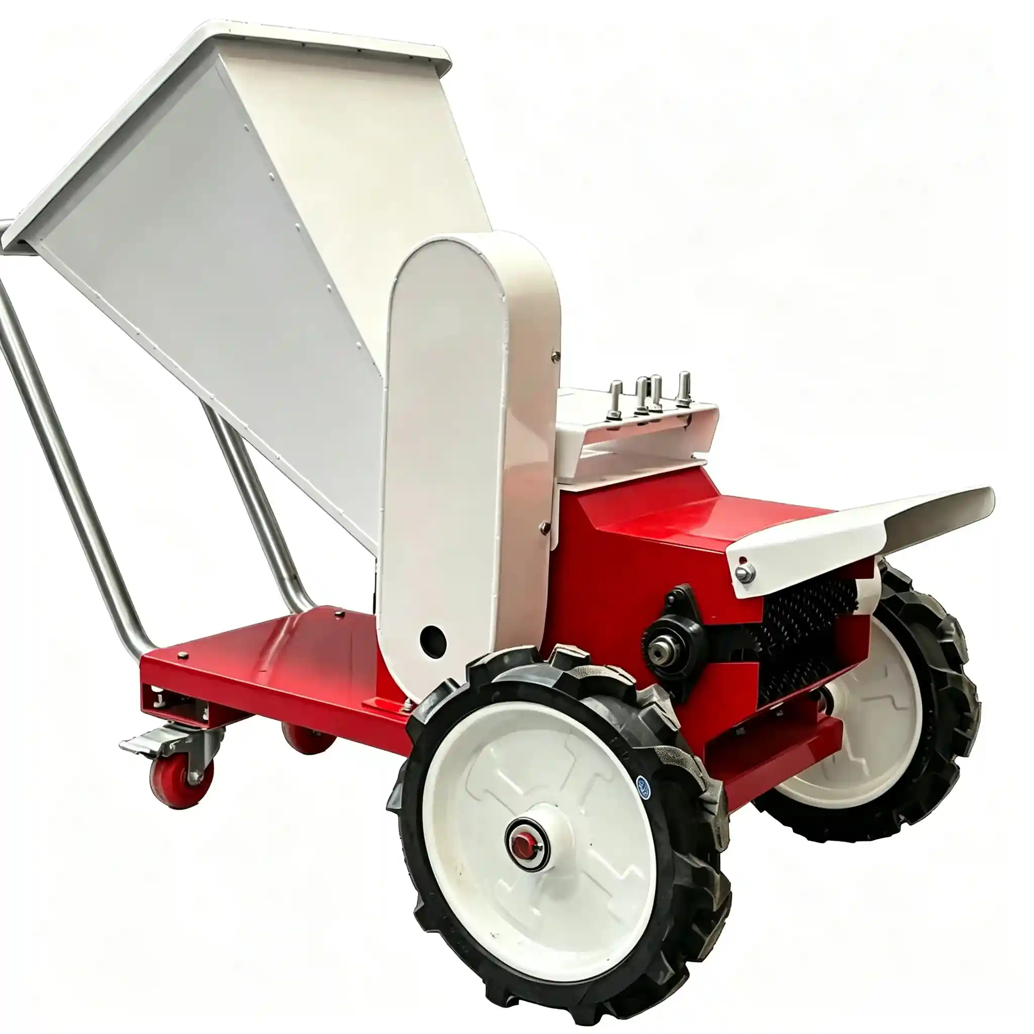 Mobile branch shredding machine processing tree branches, pruning waste, and garden residues with portable outdoor operation