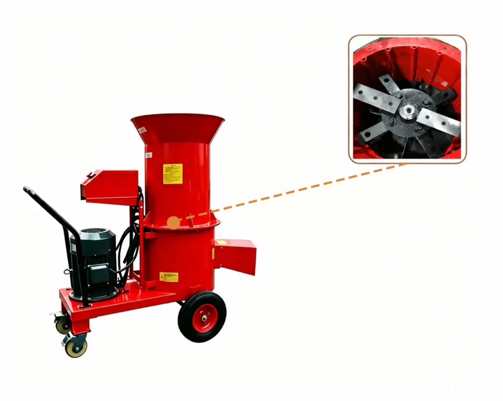 Wood crushing equipment processing logs, branches, timber waste, and biomass materials for recycling and resource recovery