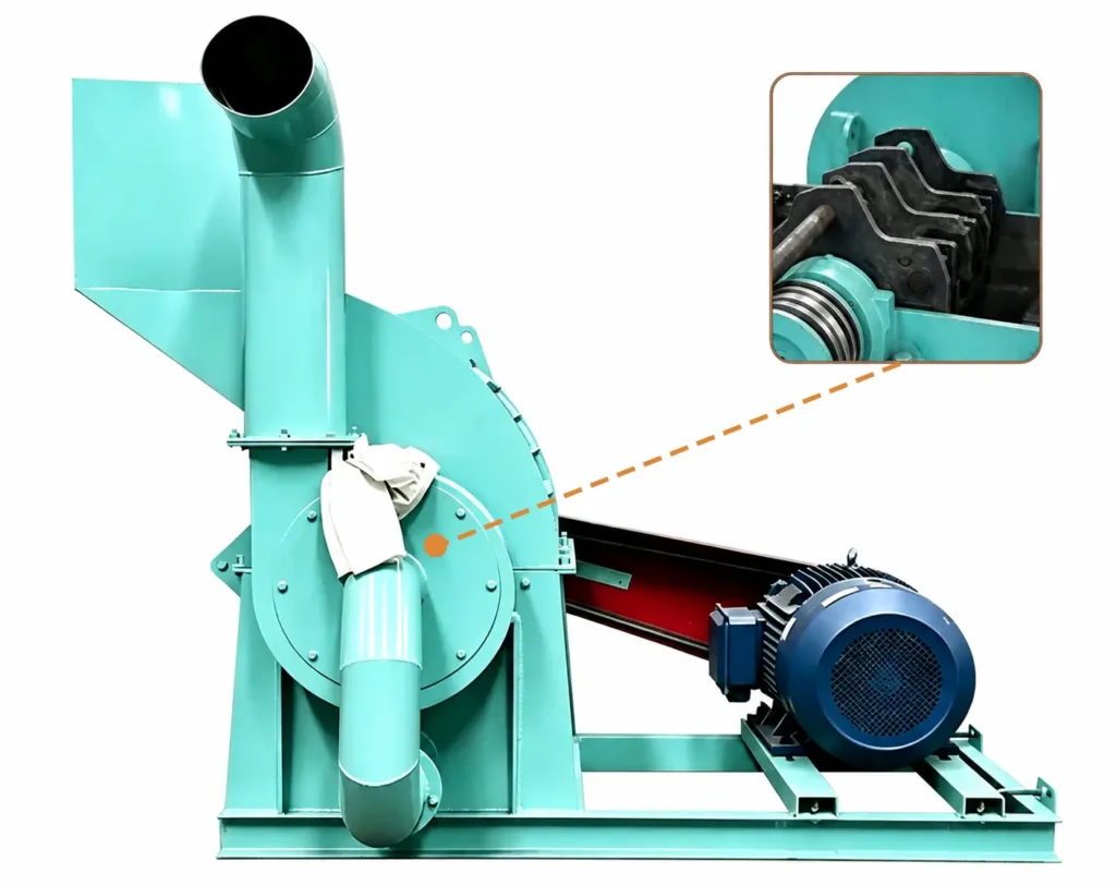 Energy saving sawdust crusher processing wood chips and biomass materials with low power consumption technology