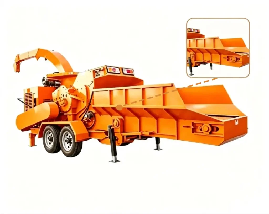 Wood recycling crusher machine processing wood waste, branches, pallets, and biomass materials into reusable resources