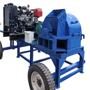 High output electric motor wood chip making machine processing logs, branches, and wood waste into biomass wood chips efficiently