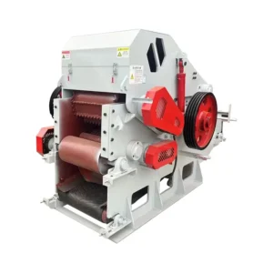 Large capacity drum type wood shredder processing logs, branches, and biomass waste for industrial biomass plant applications