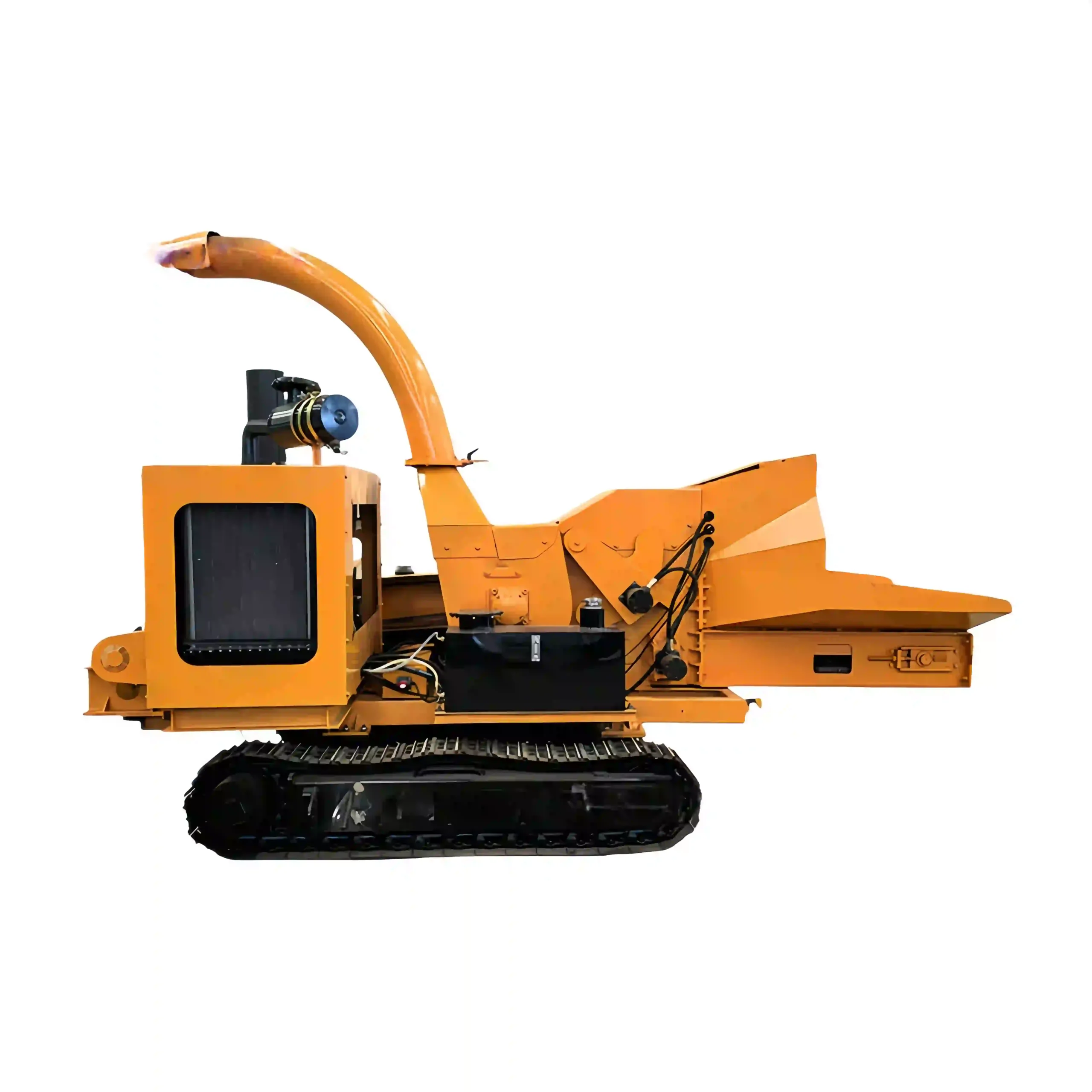 Industrial large capacity crawler wood chipper for orchard processing branches, pruning waste, and wood residues into biomass chips