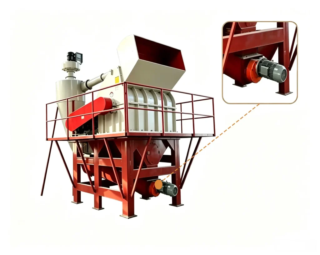 Wood recycling machine processing waste wood, pallets, logs, and timber scraps into reusable biomass materials