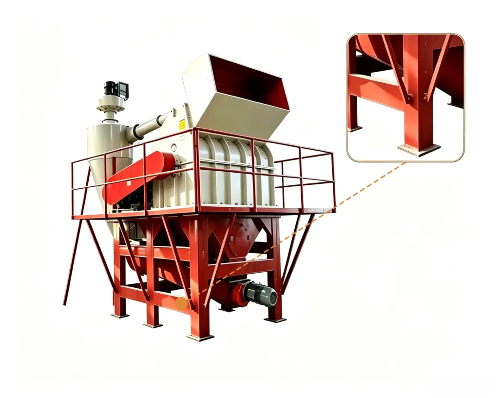 Wood processing machine crushing and preparing logs, branches, timber waste, and biomass materials for industrial use