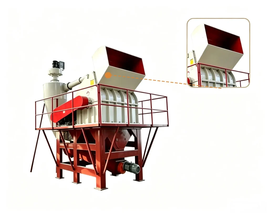 Wood crushing system processing logs, branches, timber waste, and biomass materials with complete recycling equipment