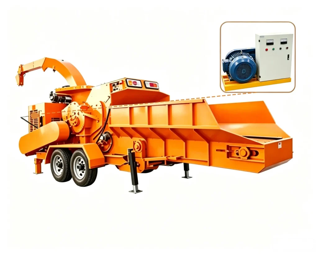 Tree waste crusher processing tree branches, logs, trunks, and forestry residues into reusable biomass materials