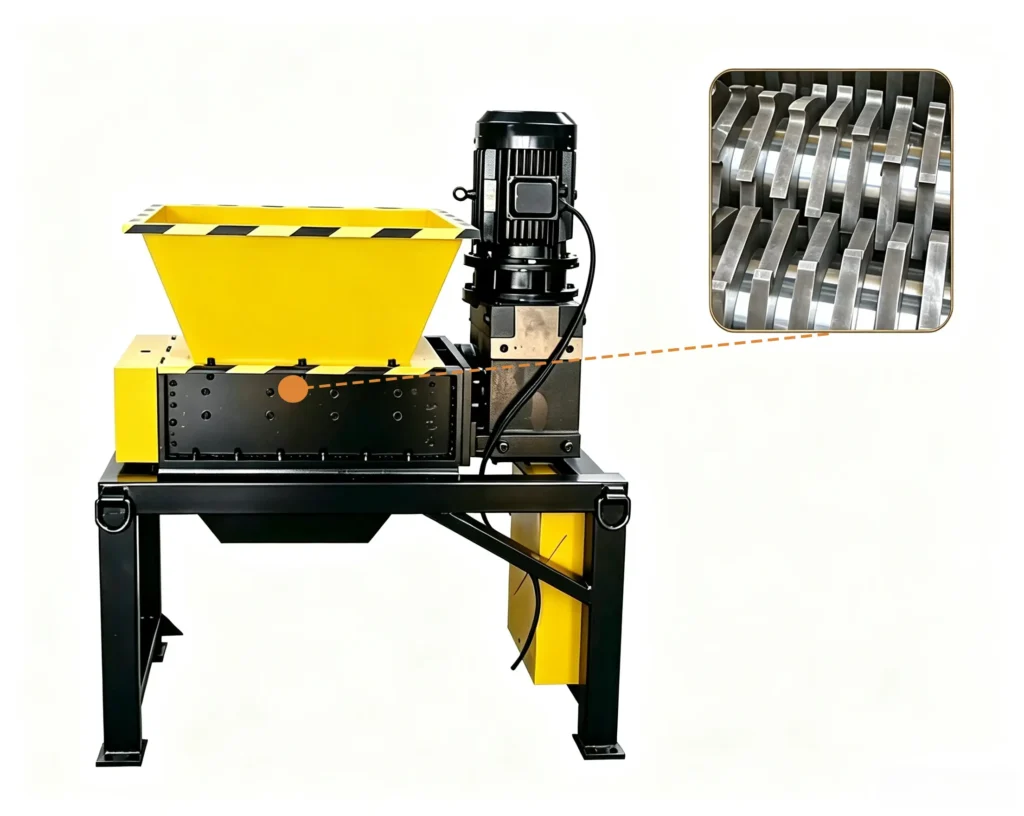 Industrial wood grinder processing logs, wood chips, branches, and biomass materials into fine particles efficiently