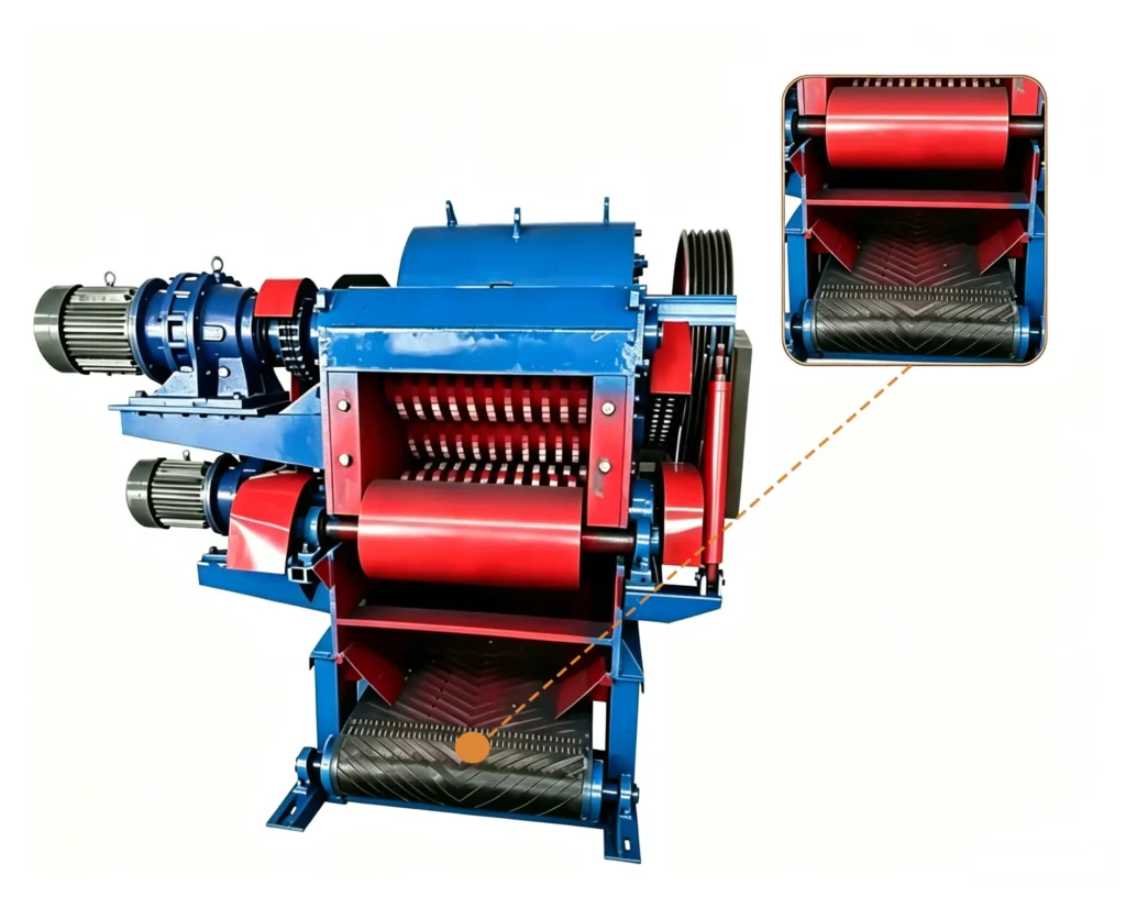 Wood hammer crusher machine processing wood chips, branches, and biomass materials with high-speed hammer crushing system