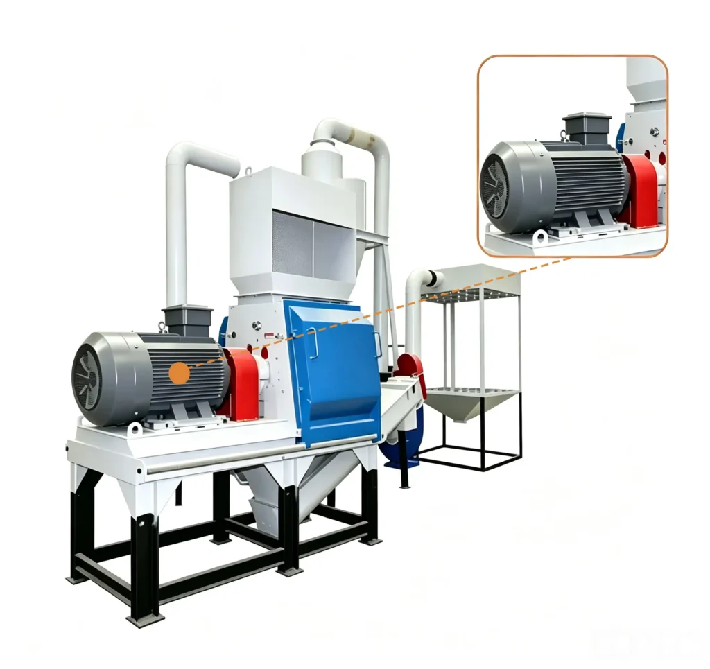 Industrial wood grinding equipment processing wood chips, logs, and biomass materials into fine particles and sawdust