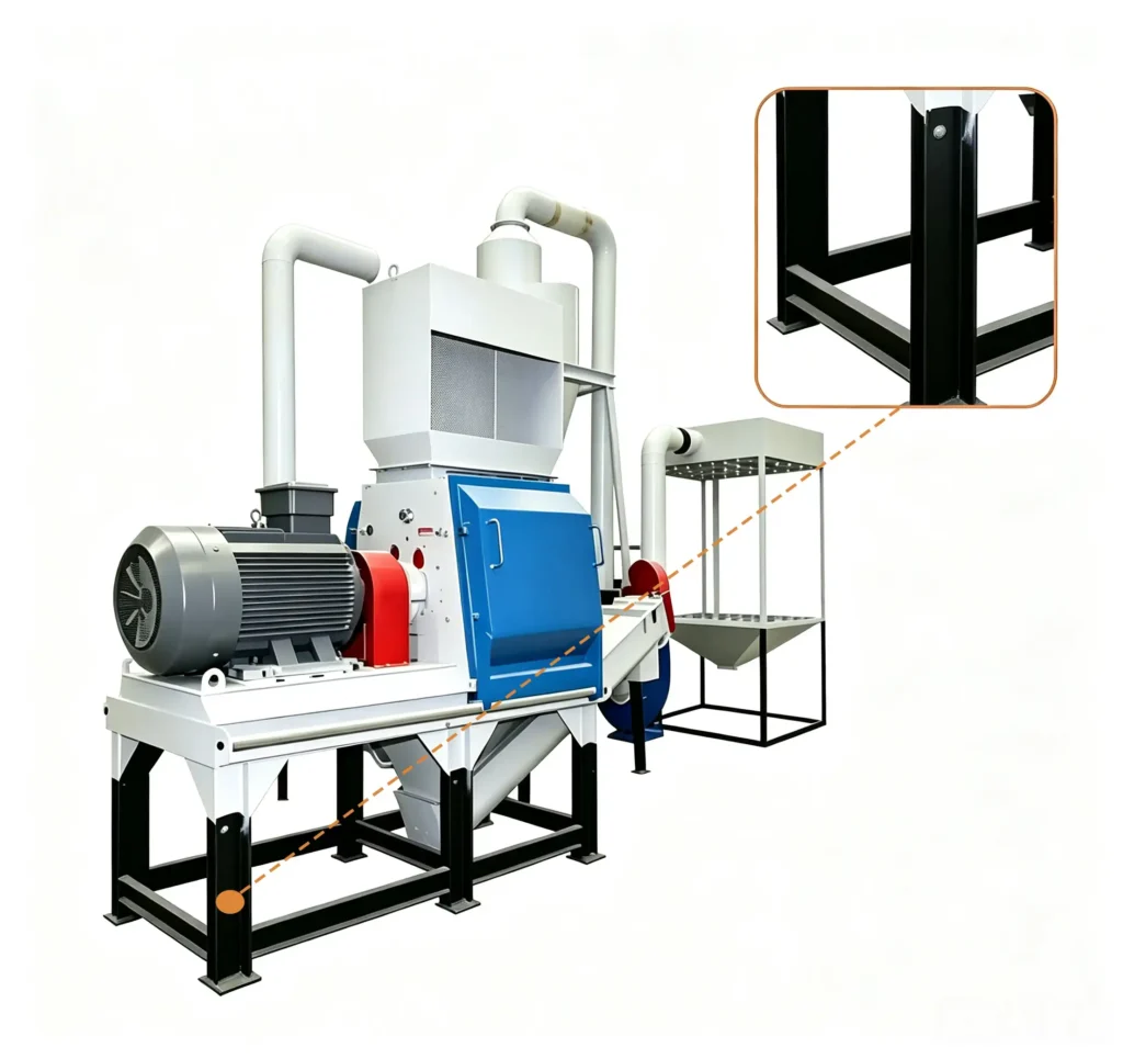 Motor driven sawdust crusher processing wood chips, branches, and biomass materials with electric motor power system