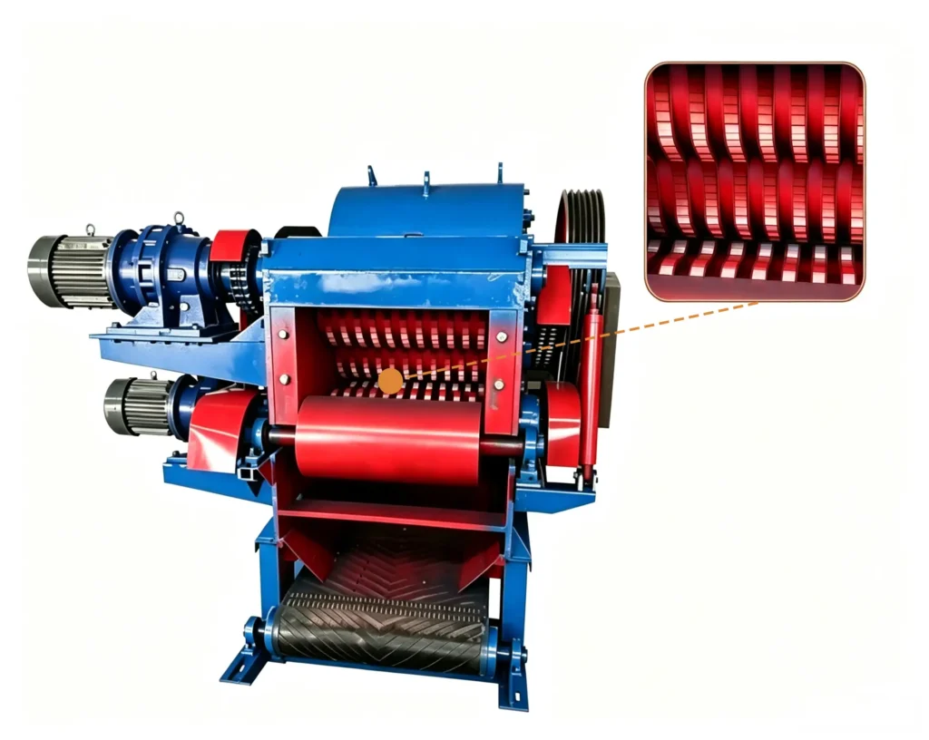 Biomass sawdust crusher processing wood chips, branches, straw, and agricultural waste into fine sawdust materials