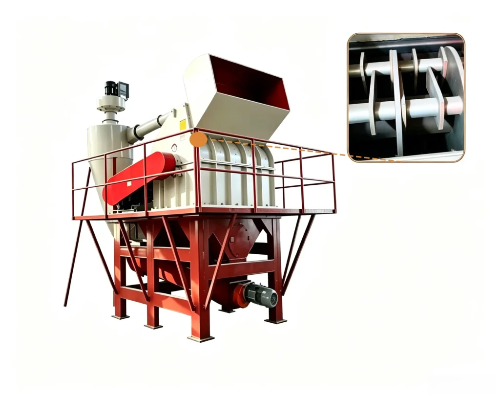 Tree branch sawdust crusher processing branches and green waste into fine sawdust for biomass recycling applications