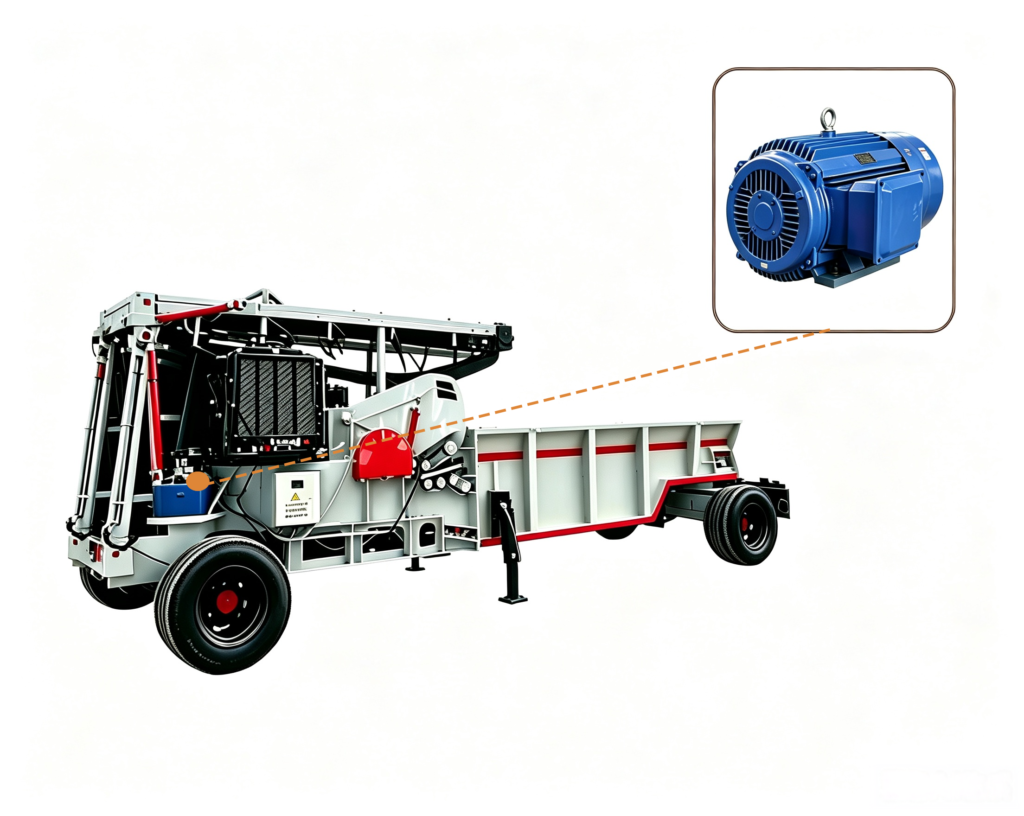 Root wood crusher machine processing tree roots, stumps, and biomass waste into reusable wood materials