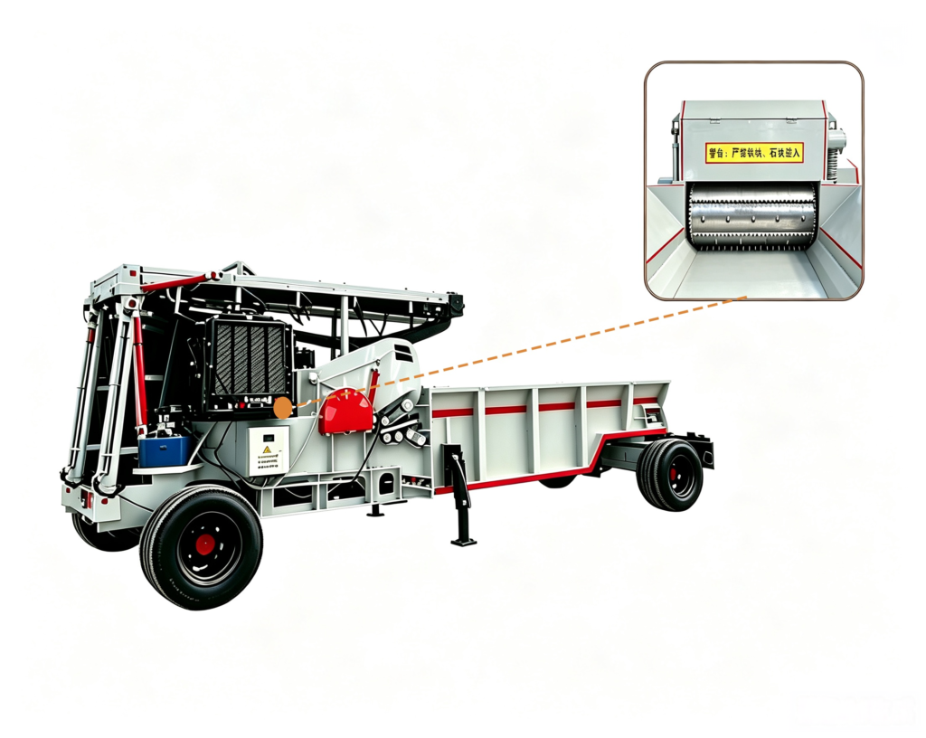 Log sawdust crusher machine processing wood logs, branches, and biomass materials into fine sawdust efficiently