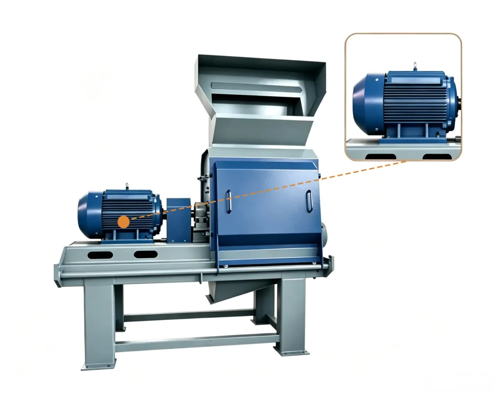 Energy saving sawdust crusher processing wood chips, branches, and biomass materials with efficient low power consumption system