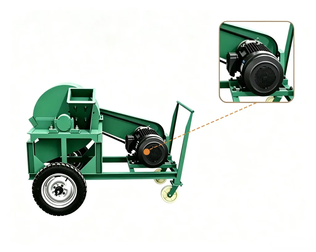 Mobile sawdust crusher machine processing wood chips, branches, and biomass materials with flexible on-site crushing capability