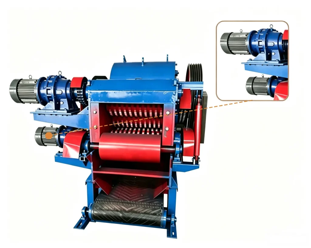 Biomass crusher machine processing wood chips, agricultural waste, and biomass materials into reusable particles