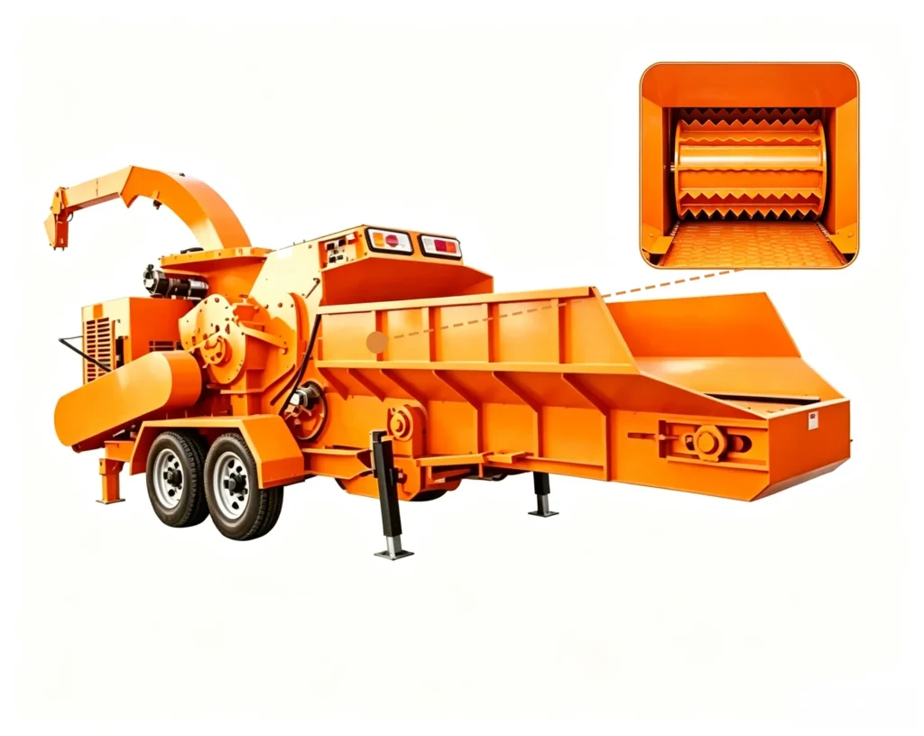 Wood waste grinding machine processing wood scraps, branches, chips, and biomass waste into reusable materials