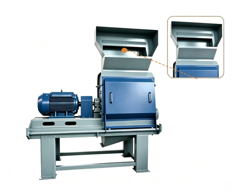 Continuous sawdust crusher machine processing wood chips, branches, and biomass materials with nonstop production capability