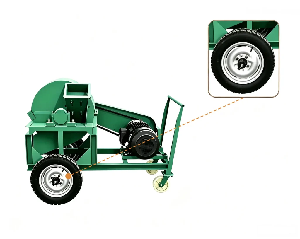 Motor driven sawdust crusher processing wood chips, branches, and biomass materials with electric motor power system