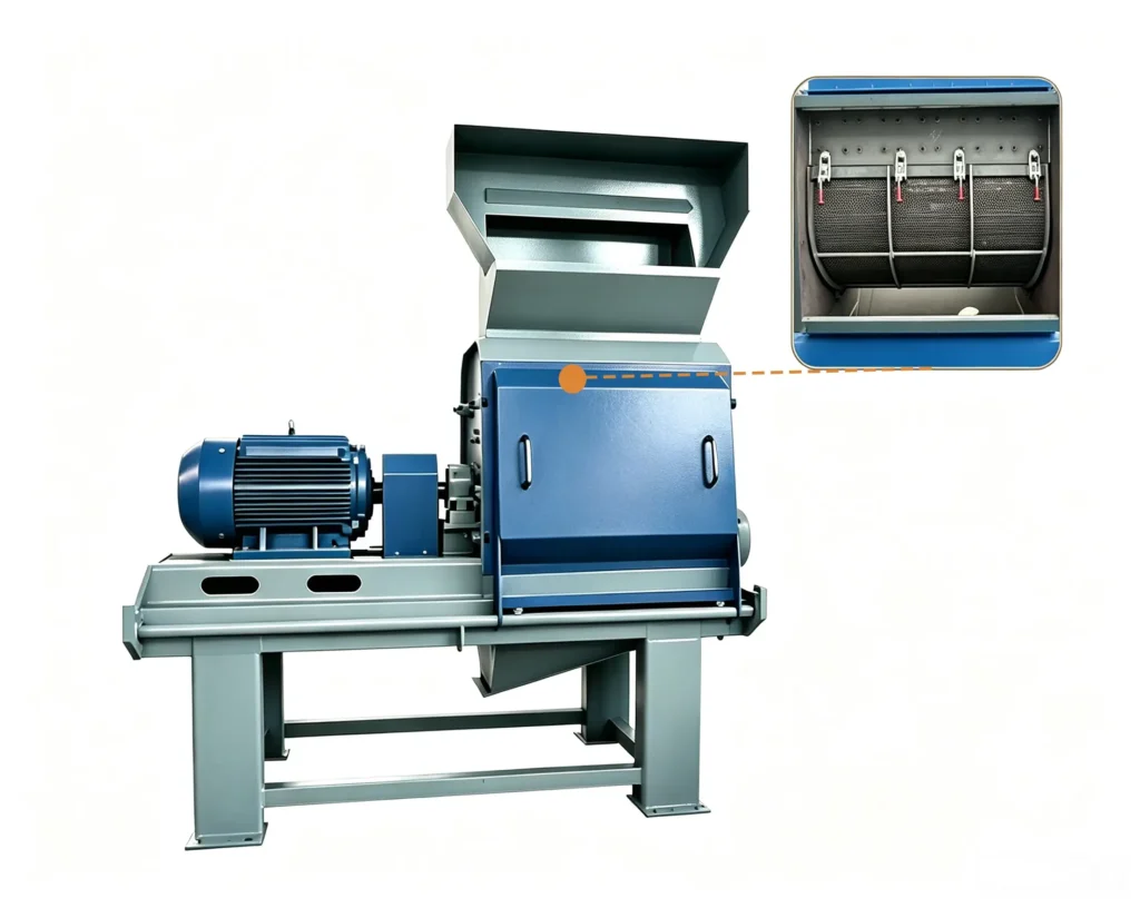 Low energy sawdust crusher processing wood chips and biomass materials with energy efficient crushing technology