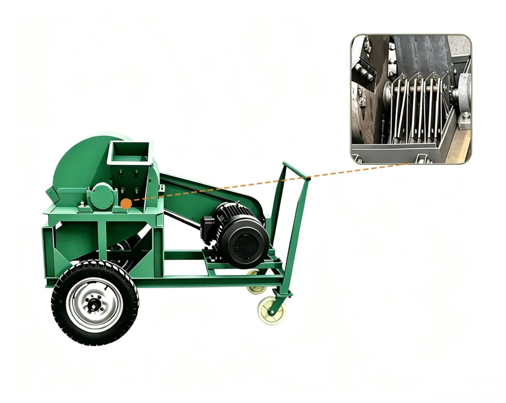 Diesel sawdust crusher machine processing wood chips, branches, and biomass materials with powerful diesel engine drive