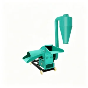 Portable hammer type wood shredder with wheel base processing branches, logs, and wood waste into biomass particles for recycling