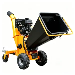4 blade heavy duty wood shredder processing logs, branches, and wood waste into biomass particles for industrial recycling