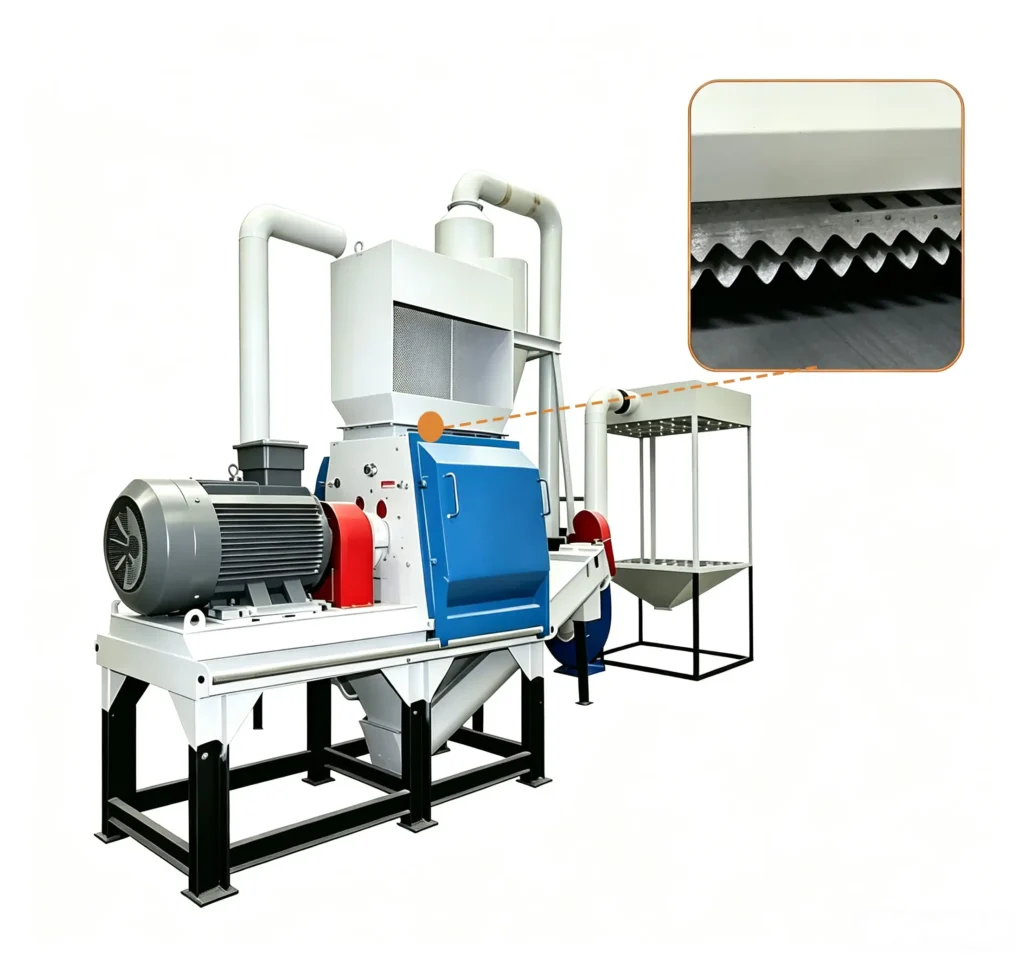 Diesel wood crusher machine processing logs, branches, and biomass waste with powerful diesel engine drive system