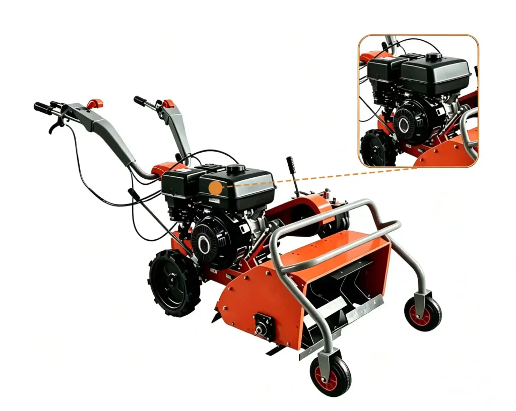 Diesel wood crusher processing logs, branches, and wood waste with powerful diesel engine drive for outdoor operations