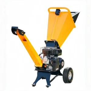 Household garden wheeled wood chip crusher processing branches, garden waste, and small wood materials into reusable wood chips