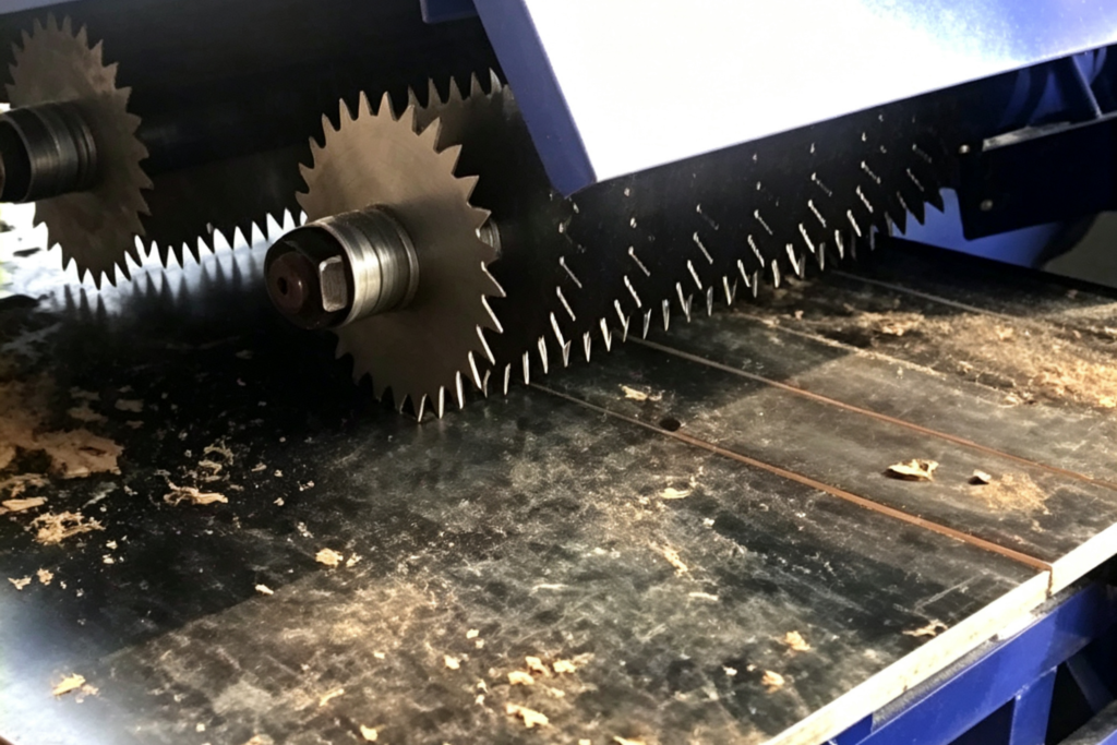 Automatic multi-blade saw for timber processing with multiple circular blades and continuous feeding system