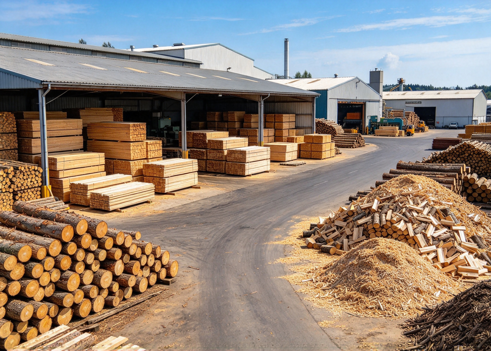 wood processing factory with timber and wood waste yard