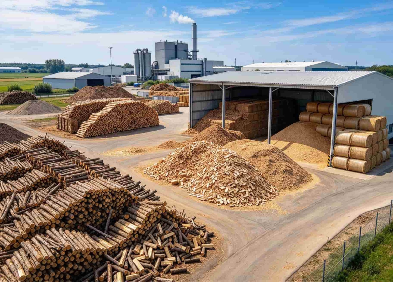 1. `biomass energy production plant with wood waste fuel stockpile`