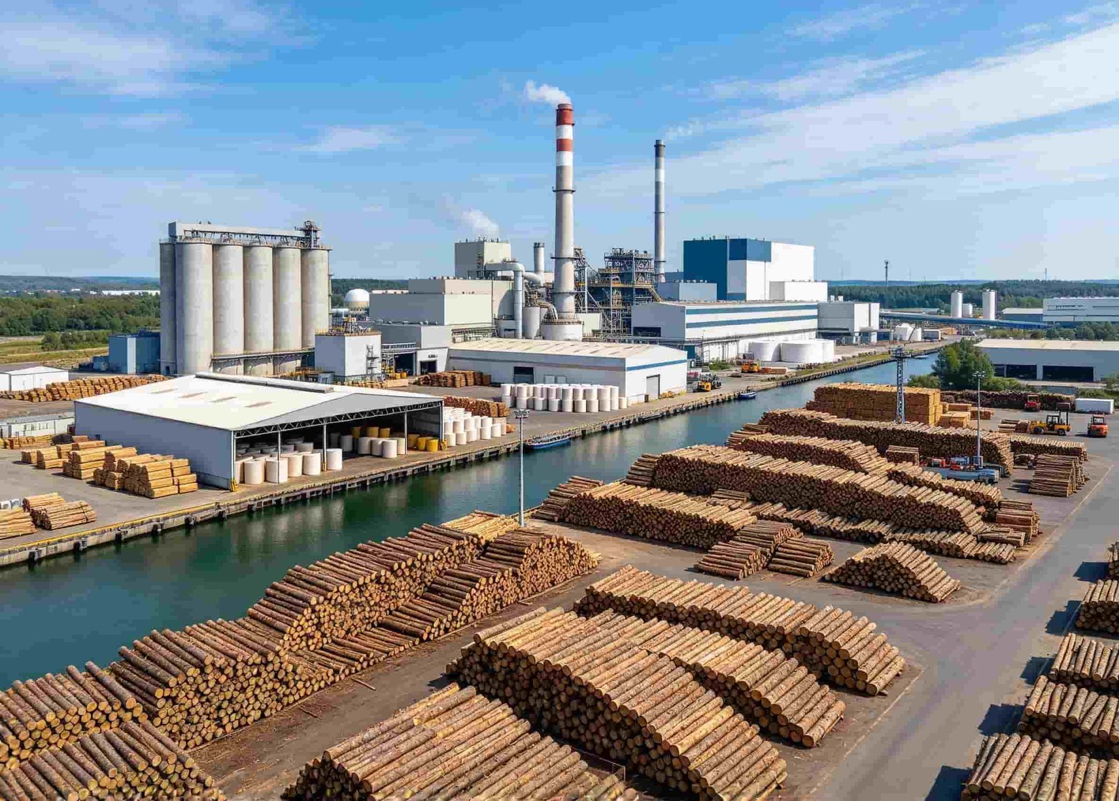 pulp and paper mill with wood raw material stockpile